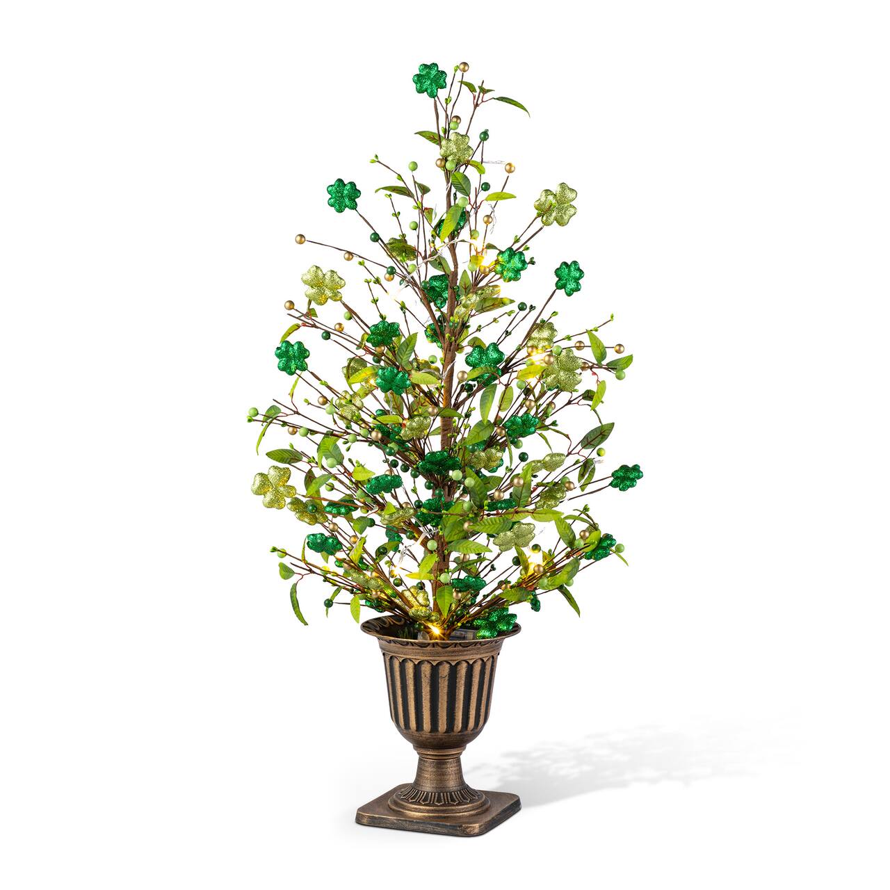 Glitzhome® 36" Lighted St. Patrick's Shamrock Urn Porch Tree with Timer
